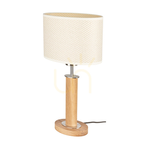 Prüfen Mercedes-Tischlampe, geölte Eiche/mattes Nickel, creme-silberner Lampenschirm, 1xE27, 25 cm