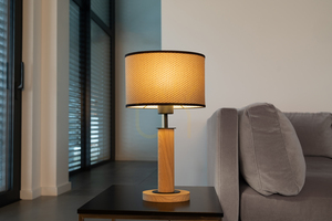 Mercedes Stehlampe, geölte Eiche/Schwarz, braun-schwarz-goldener Lampenschirm, 1xE27, 25 cm small 4