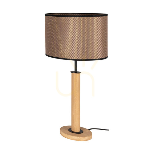 Prüfen Mercedes-Tischlampe, geölte Eiche/Schwarz, braun-schwarz-goldener Lampenschirm, 1xE27, 36 cm