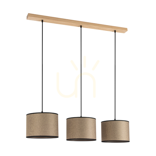 Prüfen Mercedes-Pendelleuchte, geölte Eiche, braun-schwarz-goldener Lampenschirm, 3xE27, 100 cm
