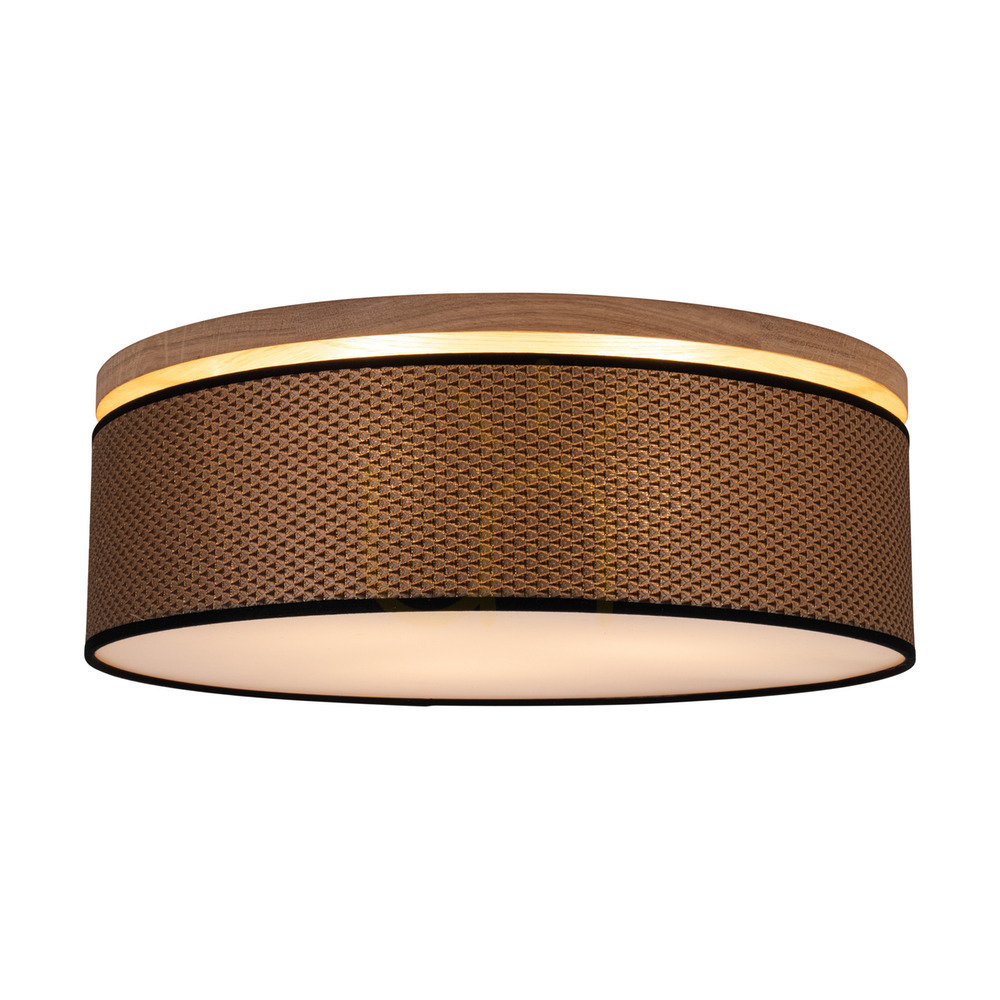 Aussicht Mercedes-Deckenleuchte, geölte Eiche, braun-schwarz-goldener Lampenschirm, 3xE27, Ø 48 cm Mercedes-Deckenleuchte, geölte Eiche, braun-schwarz-goldener Lampenschirm, 3xE27, Ø 48 cm