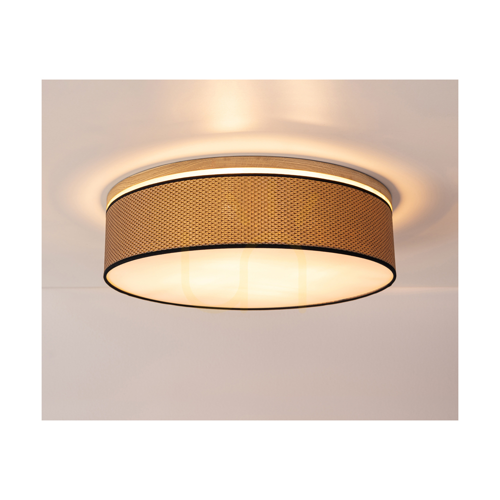 Anzeige Mercedes-Deckenleuchte, geölte Eiche, braun-schwarz-goldener Lampenschirm, 3xE27, Ø 48 cm Mercedes-Deckenleuchte, geölte Eiche, braun-schwarz-goldener Lampenschirm, 3xE27, Ø 48 cm