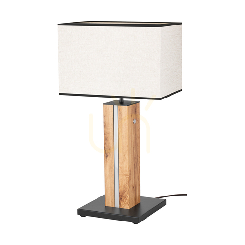 Prüfen Flamo Tischlampe, Eiche/Schwarz, beige-schwarzer Lampenschirm, 1xE27 + 1xLED 4,6 W, 30 cm