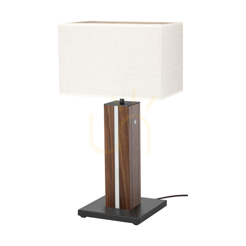 Prüfen Flamo Tischlampe, Nussbaum/Schwarz, beiger Lampenschirm, 1xE27 + 1xLED 4,6 W, 30 cm