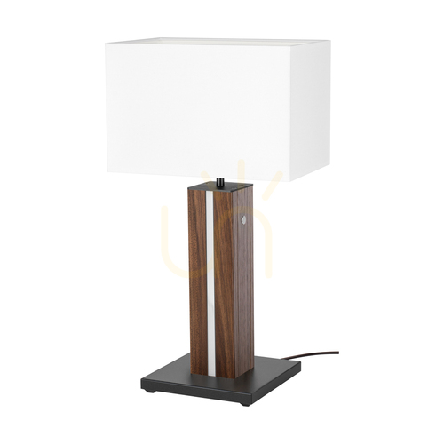 Prüfen Flamo Tischlampe, Nussbaum/Schwarz, weißer Lampenschirm, 1xE27 + 1xLED 4,6 W, 30 cm