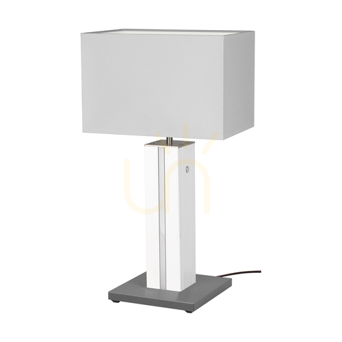Prüfen Flamo Tischlampe, Nussbaum/Grau, weißer Lampenschirm, 1xE27 + 1xLED 4,6 W, 30 cm