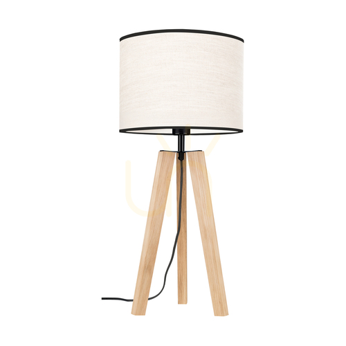 Prüfen Solea Tischlampe, geölte Eiche/Schwarz, beige-schwarzer Lampenschirm, 1xE27, Ø 30 cm