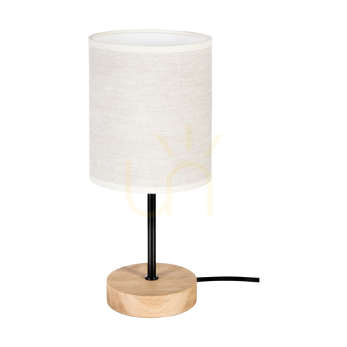 Prüfen Dreva Tischlampe, geölte Eiche/Schwarz, beiger Lampenschirm, 1xE27, Ø 13 cm