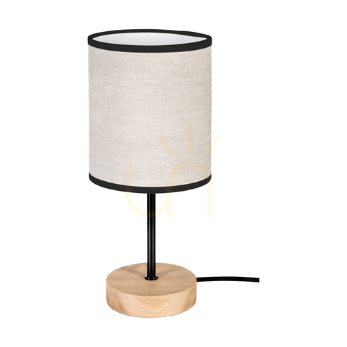 Prüfen Dreva Tischlampe, geölte Eiche/Schwarz, beige-schwarzer Lampenschirm, 1xE27, Ø 13 cm