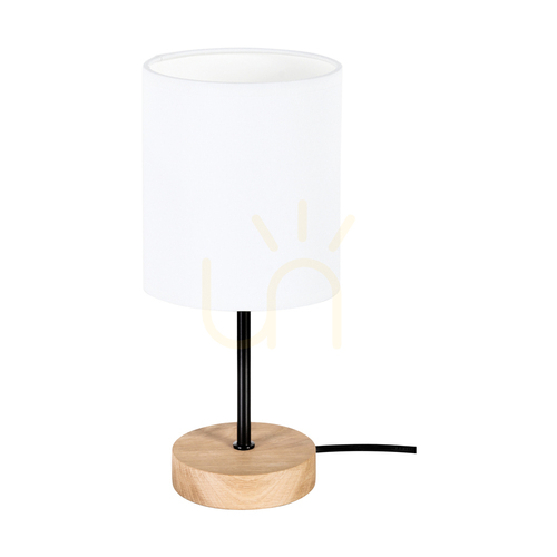 Prüfen Dreva Tischlampe, geölte Eiche/Schwarz, weißer Lampenschirm, 1xE27, Ø 13 cm