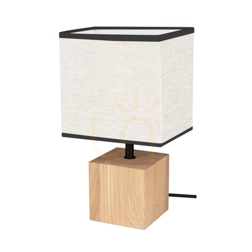 Prüfen Arden Tischlampe, geölte Eiche/Schwarz, beige-schwarzer Lampenschirm, 1xE27, 17 cm