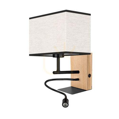 Prüfen Wandleuchte „Lector“, geölte Eiche/Schwarz, beige-schwarzer Schirm, 1xE27 + 1xLED 2,8 W, 22 cm