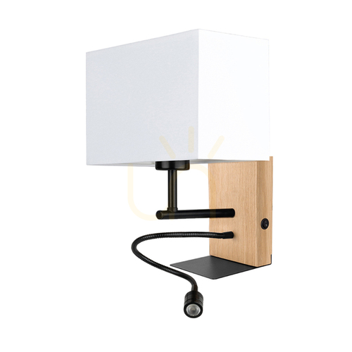 Prüfen Lector Wandleuchte, geölte Eiche/Schwarz, weißer Schirm, 1xE27 + 1xLED 2,8 W, 22 cm