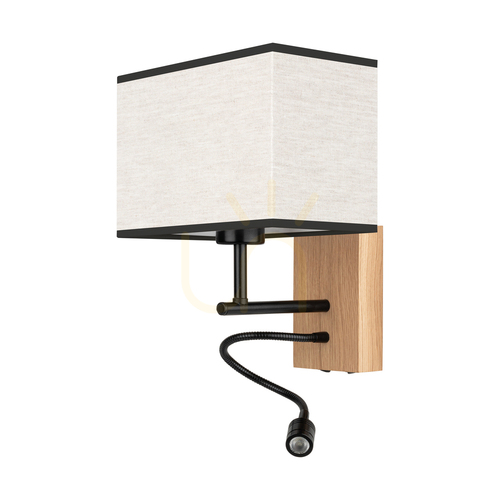 Prüfen Wandleuchte „Lector“, geölte Eiche/Schwarz, beige-schwarzer Schirm, 1xE27 + 1xLED 2,8 W, 22 cm