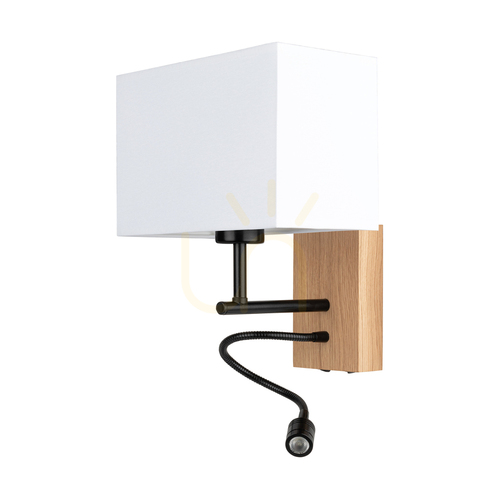 Prüfen Lector Wandleuchte, geölte Eiche/Schwarz, weißer Schirm, 1xE27 + 1xLED 2,8 W, 22 cm