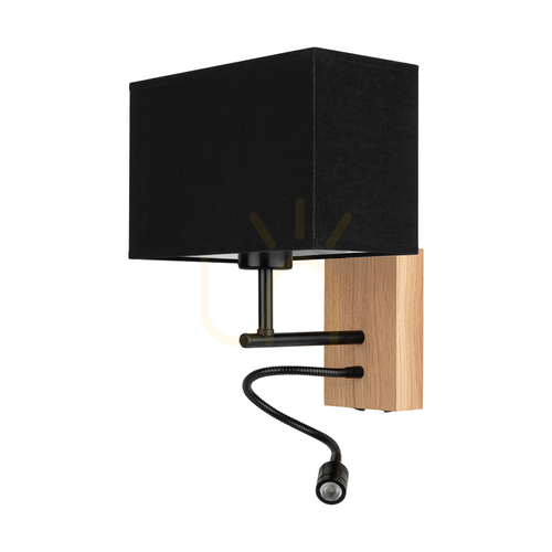Prüfen Lector Wandleuchte, geölte Eiche/Schwarz, schwarzer Schirm, 1xE27 + 1xLED 2,8 W, 22 cm