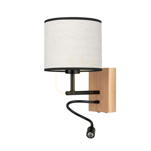 Prüfen Wandleuchte „Lector“, geölte Eiche/Schwarz, beige-schwarzer Lampenschirm, 1xE27 + 1xLED 2,8 W, 21,5 cm