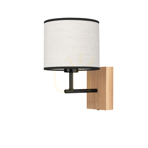 Prüfen Wandleuchte „Lector“, geölte Eiche/Schwarz, beige-schwarzer Schirm, 1xE27, 21,5 cm