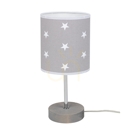 Prüfen Fiete Tischlampe, 1xE27, Max. 25 W, grau gebeiztes Kiefernholz/Chrom/Grau-Weiß, Ø 13 cm