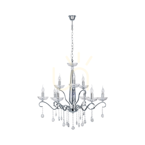 Prüfen Kronleuchter „Alessa“, 9xE14, Max. 40 W, verchromtes Metall/klares Kristallglas, Ø 83 cm