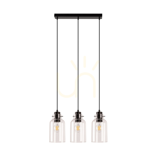 Prüfen Hängeleuchte „Alessandro“, 3xE27, Max. 60 W, Buche und Nussbaum / schwarzes Metall / schwarzes PVC-Kabel / klarer Glasschirm, 52 cm