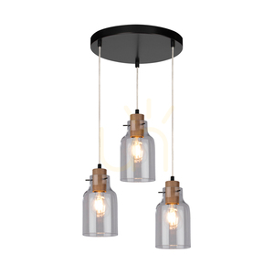 Hängeleuchte „Alessandro“, 3xE27, Max. 60 W, geölte Eiche/schwarzes Metall/transparentes PVC-Kabel/transparenter Glasschirm, Ø 30 cm small 1