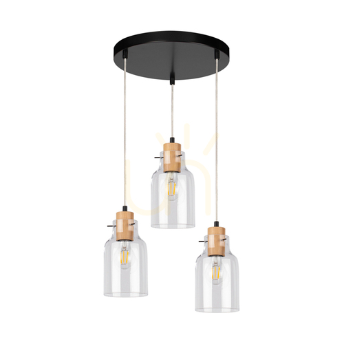 Prüfen Hängeleuchte „Alessandro“, 3xE27, Max. 60 W, geölte Eiche/schwarzes Metall/transparentes PVC-Kabel/transparenter Glasschirm, Ø 30 cm
