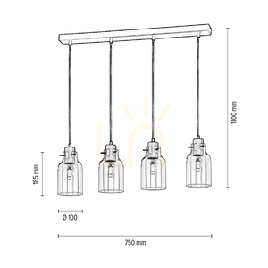 Hängeleuchte „Alessandro“, 4xE27, Max. 60 W, geölte Eiche/schwarzes Metall/transparentes PVC-Kabel/transparenter Glasschirm, 75 cm small 2