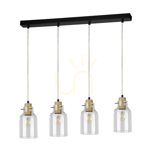 Prüfen Hängeleuchte „Alessandro“, 4xE27, Max. 60 W, geölte Eiche/schwarzes Metall/transparentes PVC-Kabel/transparenter Glasschirm, 75 cm
