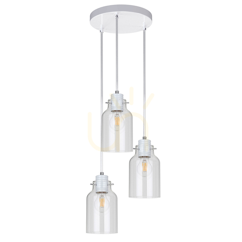 Prüfen Hängeleuchte „Alessandro“, 3xE27, Max. 60 W, Weißmetall / transparentes PVC-Kabel / transparenter Glasschirm, Ø 22 cm
