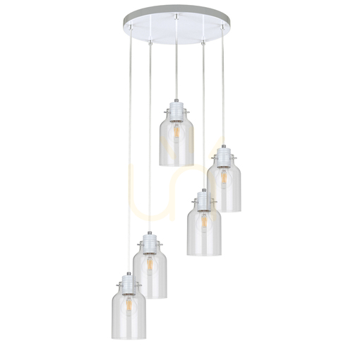 Prüfen Hängeleuchte „Alessandro“, 5xE27, Max. 60 W, Weißmetall / transparentes PVC-Kabel / transparenter Glasschirm, Ø 35 cm