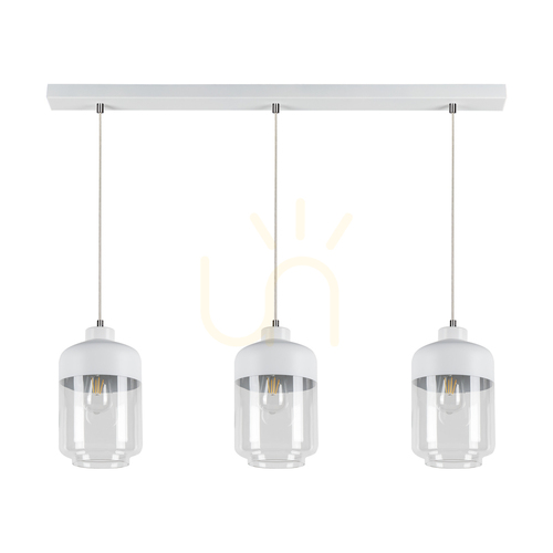 Prüfen Amaretto Pendelleuchte, 3xE27, Max. 60 W, weißes Metall/transparentes PVC-Kabel/weiß-transparenter Glasschirm, 100 cm