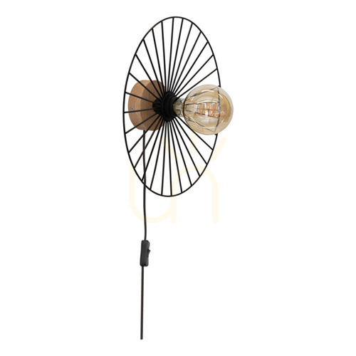 Prüfen Antonella Wandleuchte 1xE27 Max. 25 W, geölte Eiche/schwarzes Metall/schwarzes geflochtenes Kabel, Ø 9 cm