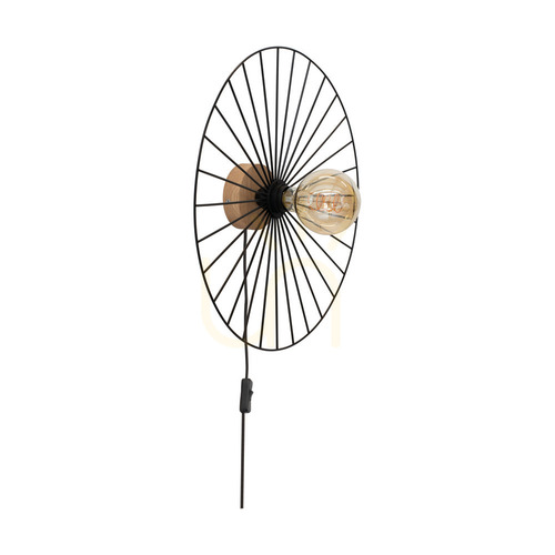 Prüfen Antonella Wandleuchte 1xE27 Max. 25 W, geölte Eiche/schwarzes Metall/schwarzes geflochtenes Kabel, Ø 9 cm
