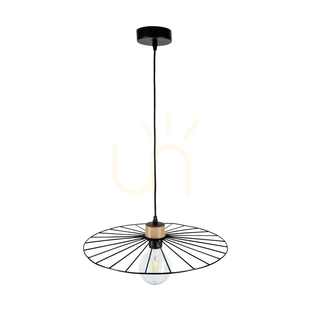 Antonella Pendelleuchte, 1xE27, Max. 60 W, geölte Eiche/schwarzes Metall/schwarzes geflochtenes Kabel, Ø 45 cm