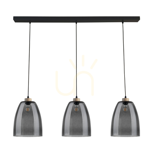 Prüfen Asmara Pendelleuchte, 3xE27, Max. 60 W, geölte Eiche/schwarzes Metall/schwarzes PVC-Kabel/Lampenschirm aus Rauchglas, 125 cm