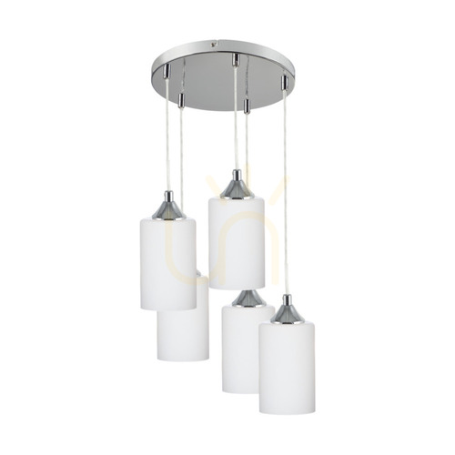 Prüfen Bosco Mix Pendelleuchte, 5xE27, Max. 60 W, Metall in Chromoptik / transparentes PVC-Kabel / weißer Glasschirm, Ø 40 cm