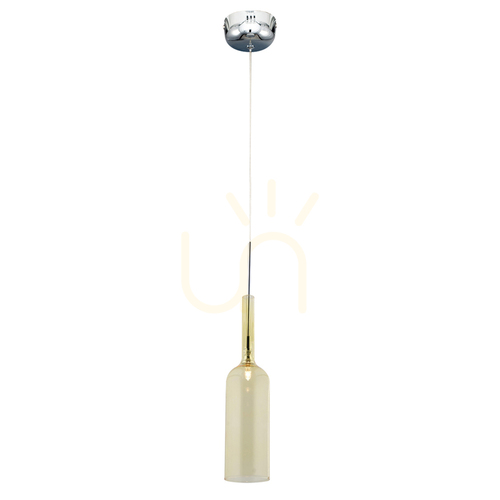 Prüfen Flaschen-Pendelleuchte, inklusive 1x LED 3000 K, 3 W, Metall in Chrom / transparentes PVC-Kabel / gelber Glasschirm, Ø 8 cm