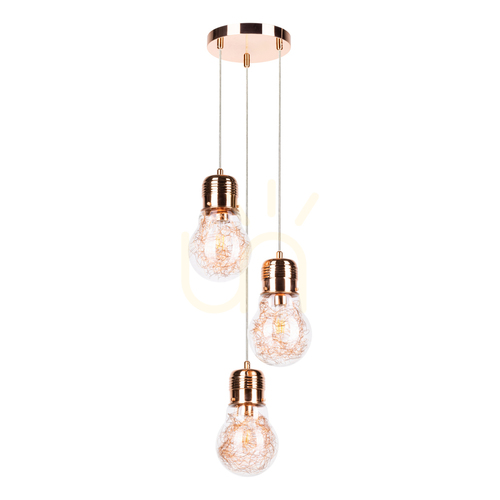 Prüfen Glühbirnen-Pendelleuchte 3×E27 Max. 60 W, Kupfermetall / transparentes PVC-Kabel / transparenter Glasschirm, Ø 20 cm