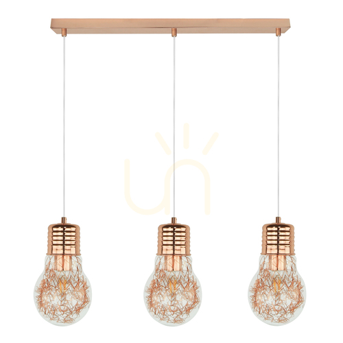 Prüfen Glühbirnen-Pendelleuchte 3×E27 Max. 60 W, Kupfermetall / transparentes PVC-Kabel / transparenter Glasschirm, 60 cm