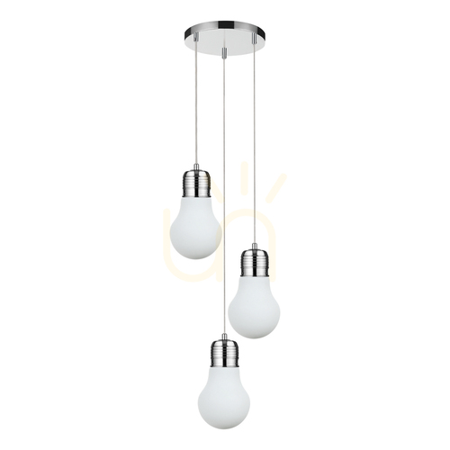 Prüfen Glühbirnen-Pendelleuchte, 3xE27, Max. 60 W, Metall in Chromoptik / transparentes PVC-Kabel / weißer Glasschirm, Ø 33 cm