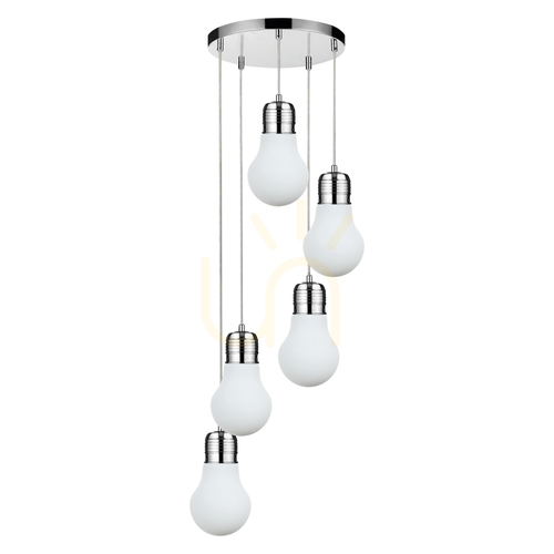 Prüfen Glühbirnen-Pendelleuchte, 5xE27, Max. 60 W, Metall in Chromoptik / transparentes PVC-Kabel / weißer Glasschirm, Ø 45 cm