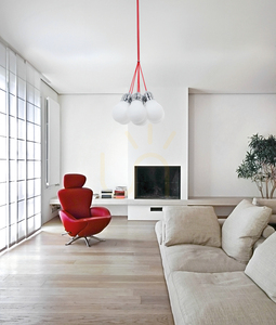 Glühbirnen-Pendelleuchte, 7xE27, Max. 60 W, Metall in Chromoptik / rot geflochtenes Kabel / weißer Glasschirm, Ø 45 cm small 2