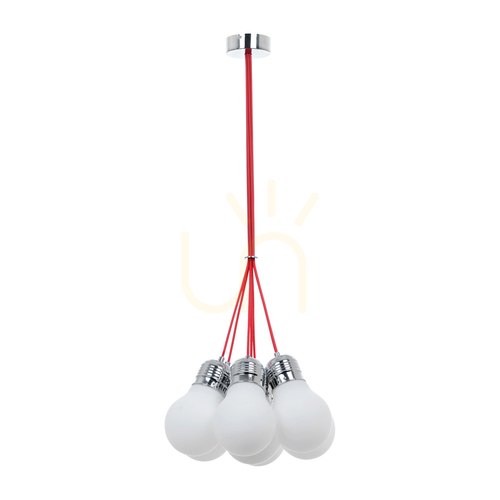 Prüfen Glühbirnen-Pendelleuchte, 7xE27, Max. 60 W, Metall in Chromoptik / rot geflochtenes Kabel / weißer Glasschirm, Ø 45 cm