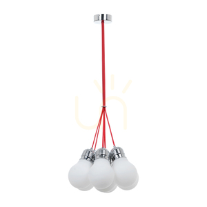 Glühbirnen-Pendelleuchte, 7xE27, Max. 60 W, Metall in Chromoptik / rot geflochtenes Kabel / weißer Glasschirm, Ø 45 cm small 0