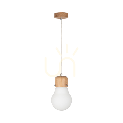 Prüfen Hängeleuchte „Bulb Wood“, 1xE27, Max. 60 W, geölte Eiche / transparentes PVC-Kabel / weißer Glasschirm, Ø 15 cm