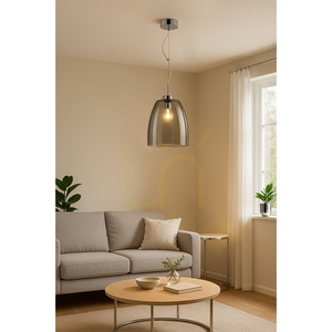 Campana Pendelleuchte, 1xE27, Max. 60 W, Metall in Chromoptik / transparentes PVC-Kabel / Lampenschirm aus Rauchglas, Ø 30 cm small 1