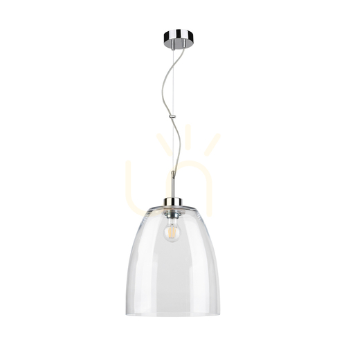 Prüfen Campana Pendelleuchte, 1xE27, Max. 60 W, Metall in Chromoptik / transparentes PVC-Kabel / transparenter Glasschirm, Ø 30 cm