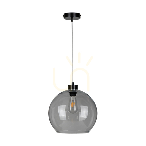 Prüfen Canberra Pendelleuchte, 1xE27, Max. 60 W, schwarzes Metall / transparentes PVC-Kabel / Lampenschirm aus Rauchglas, Ø 30 cm
