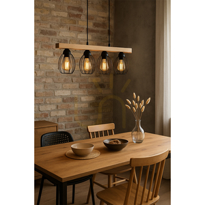 Carlo Pendelleuchte 4xE27 Max. 60 W, geölte Eiche/schwarzes Metall/schwarzes PVC-Kabel/schwarzer Metallschirm, 86 cm small 1